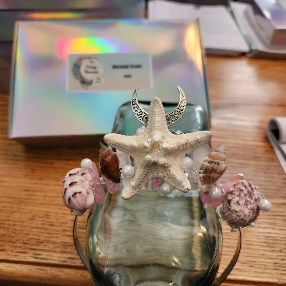 Mermaid Crown Pink & White Crystal Quarts, Shell, & Silver Moon!